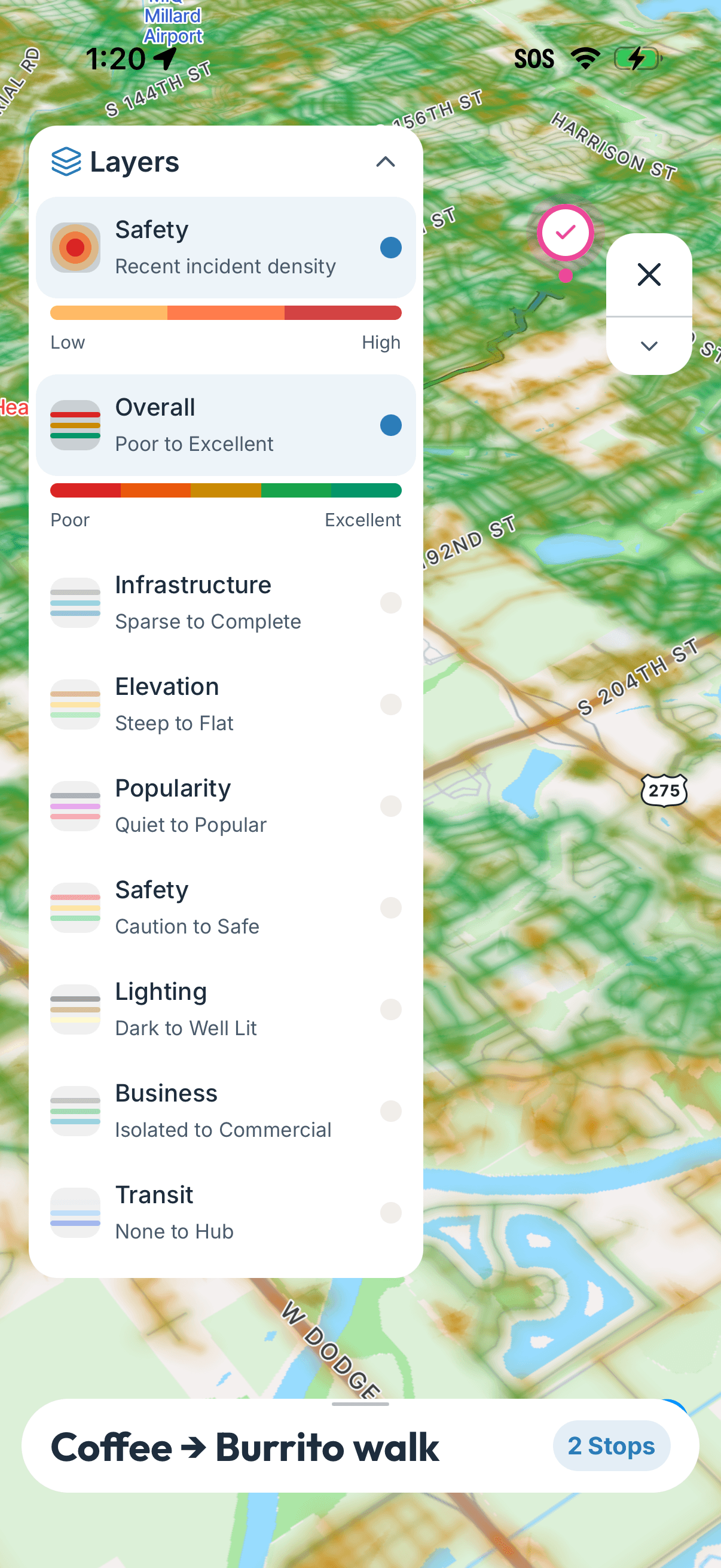 Walkability map layers