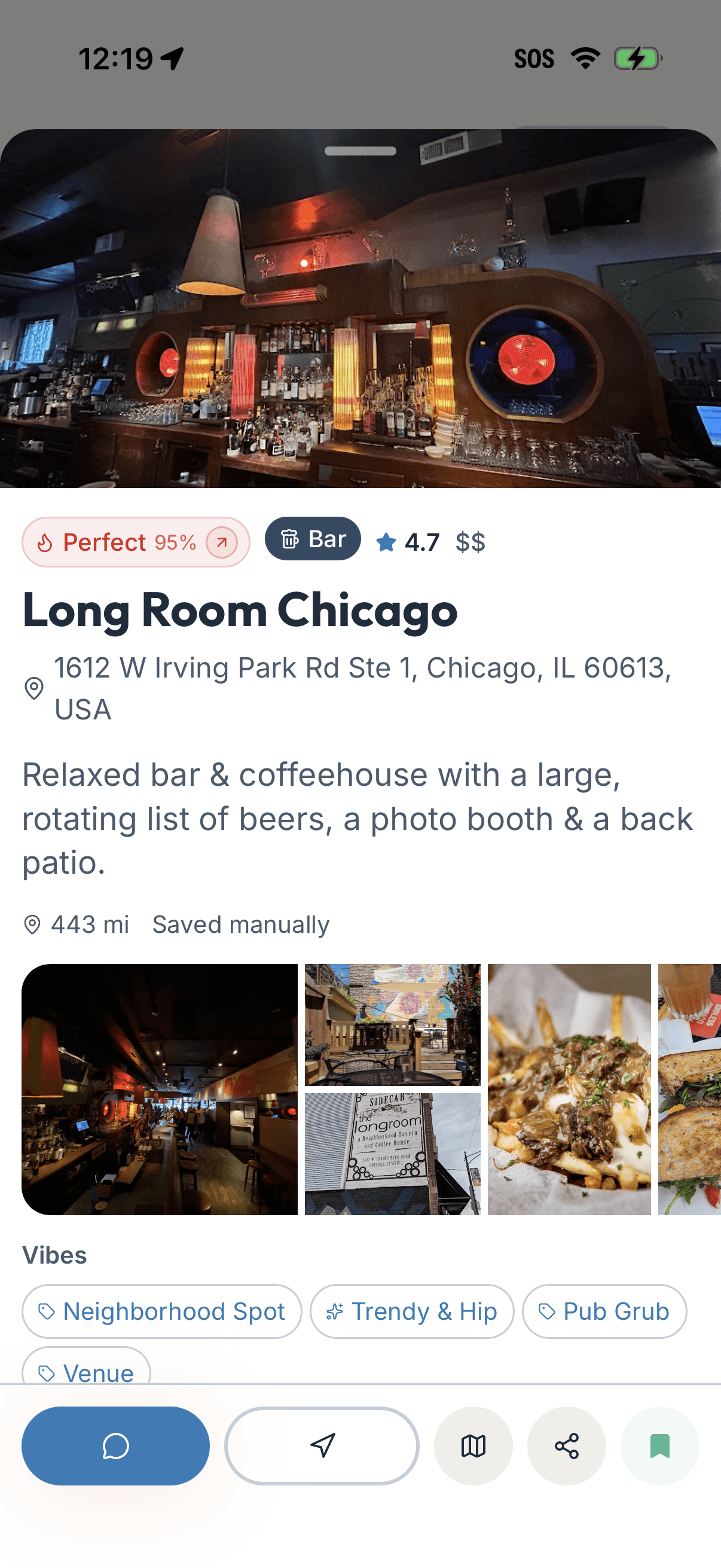 Place details showing vibes and personalized match score